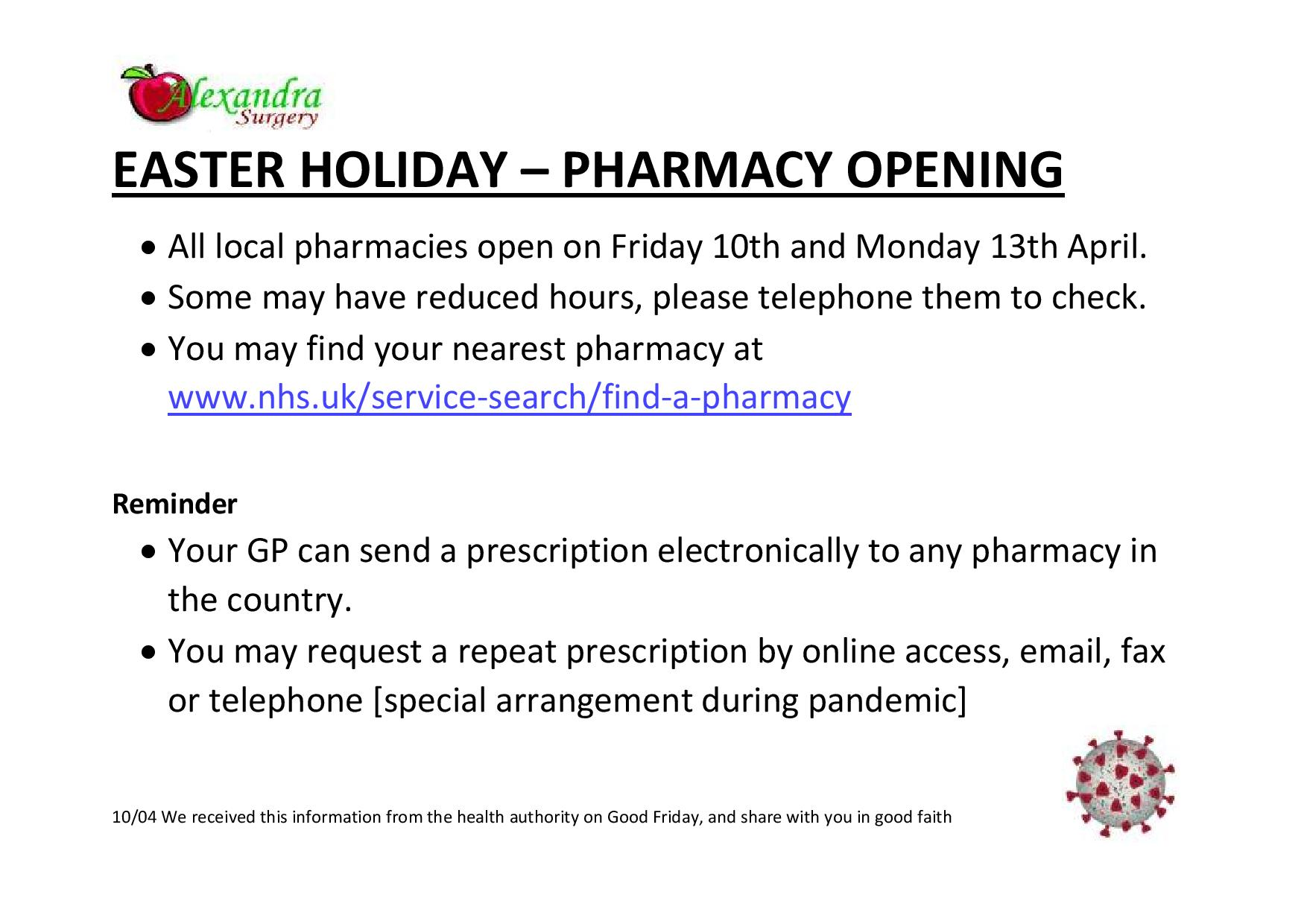 Easter pharmacy opening hours